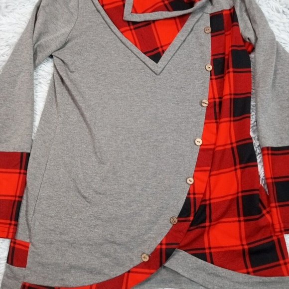 Dressfo Womens Sweater Gray 12 Pullover Cowl Neck Faux Buttons Plaid - Picture 3 of 9